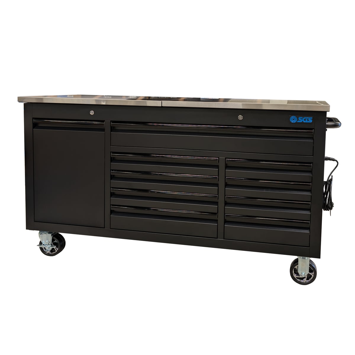 SGS 61in 9 Drawer Tool Chest | Split Stainless Steel Lift-Up Worktop | Black